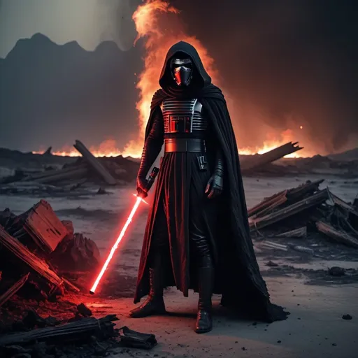 Prompt: Kylo Ren standing exhausted with damaged clothes. Red instable lightsaber in his hand pointing down. By night. In a destroyed burning landscape. Grain effect on image. Realistic photo.