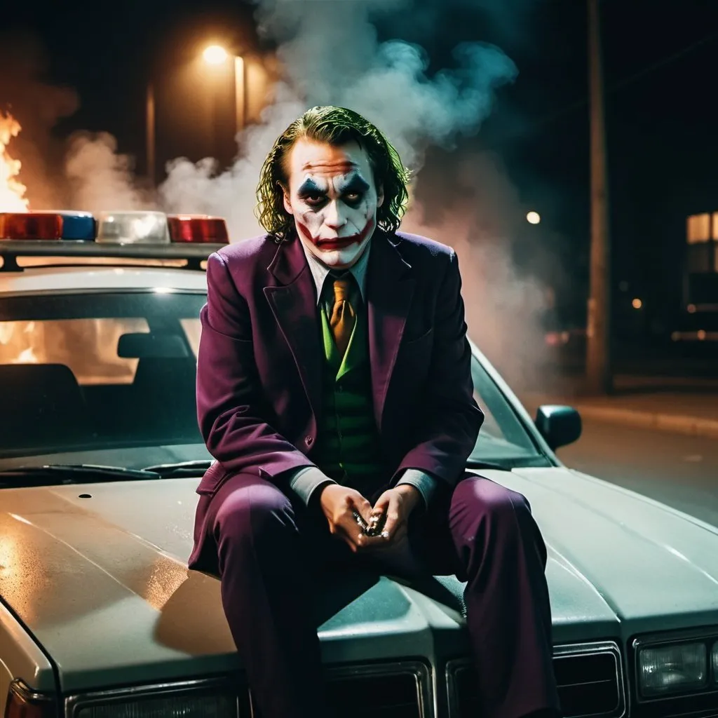 Prompt: Joaquin Phoenix as the Joker sitting on a police car during a riot by night. Smoking a cigarette. Burning cars. People everywhere. Dramatic and cinematographic light. Grain effect on image. Realistic photo.