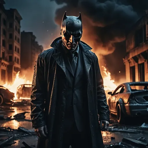 Prompt: Double face in his Dark Knight franchise outfit enjoying chaos. By night. In a destroyed burning city. Burning cars. Rainy weather. Dramatic and cinematographic light. Grain effect on image. Realistic photo.