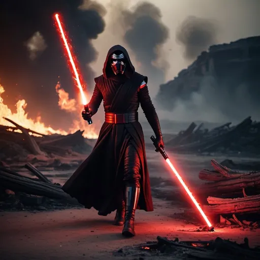 Prompt: Kylo Ren walking menacingly through flames with his red instable lightsaber in hand pointing down. In a burning destroyed landscape. By night. Grain effect on image. Realistic photo.