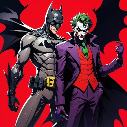 Prompt: Batman and Joker standing together as an artwork from Persona 5. Red background. Vivid colors.