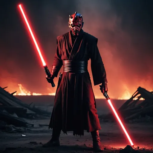 Prompt: Darth Maul standing menacingly with his double red lightsaber in hand. In a destroyed burning landscape. By night. Grain effect on image. Realistic photo.