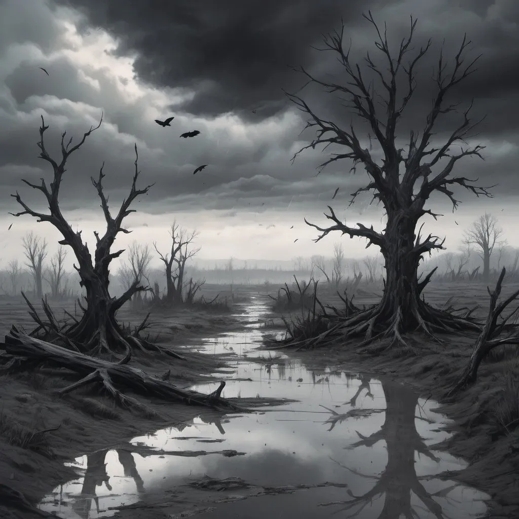 Prompt: Guts from Berserk alone in a dark post apocalyptic landscape with some crows and some dead trees. Grey and rainy weather with clouds. Puddles of water on the floor. Grain effect on image. Realistic drawing.