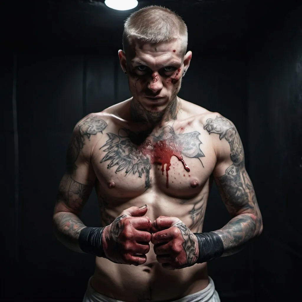 Prompt: A bare knucle fighter standing menacingly. Bandages on hands. Hands covered in blood. Tattooed. In a black room. Small light only from the ceiling. Grain effect on image. Realistic photo.