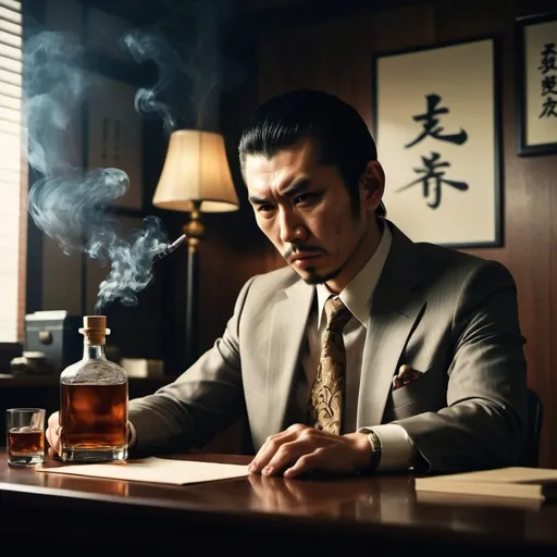 Prompt: A yakuza in a yakuza office. Sitting behind a desk. A lighten cigarette and a bottle of japanese whisky on the desk. Smoke in the air. Dramatic and cinematographic light. Grain effect on image. Realistic photo.