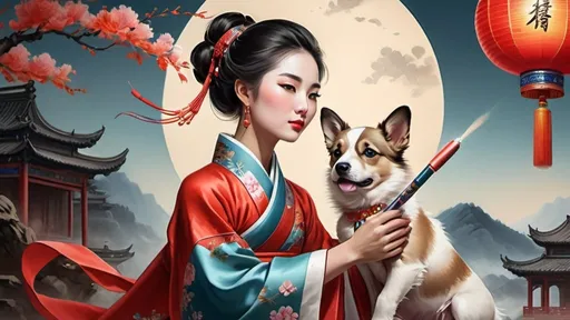 Prompt: Traditional Chinese painting, beautiful woman with elegant attire, adorable puppy by her side, rocket launching in the background, high quality, detailed brushwork, traditional, elegant, graceful, scenic landscape, culturally rich, colorful attire, flowing robes, detailed fur, vibrant colors, dynamic composition, traditional Chinese art, historical, atmospheric lighting