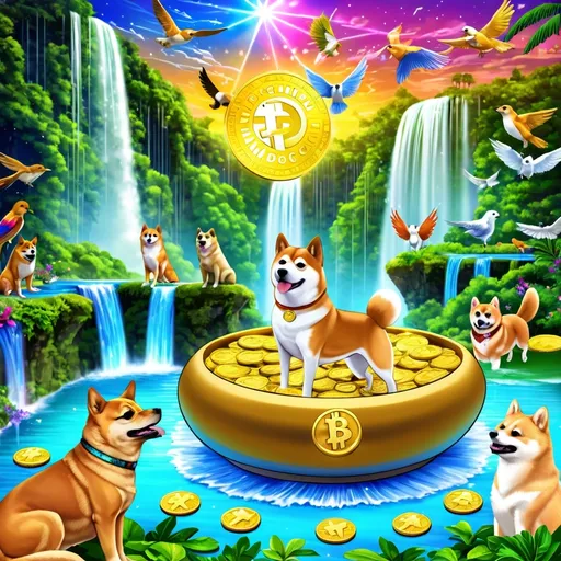 Prompt: Dogecoin dog in a hidden beautiful mystical realm with lush paradise waterfalls around the dog and holographic pixies and birds flying with each while the  different other crypto-named dog themed dogs such as Shiba Inu, dogwifhat etc. are in paradise with dogecoin dog as if it were real life and they are wearing shades while watching their coins sparkle from generation in a magical way