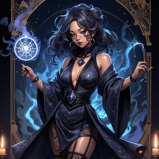 Prompt: tarot card Anime illustration, Mariah the scientist music artist in a Scorpio symbolized attire short skirt and black webs connected to her like a spider queen and holding a black energized wand with black smoke aura around it and a black crystal at the top with indigo glow cracks, detailed ornate cloth robe, dramatic lighting
