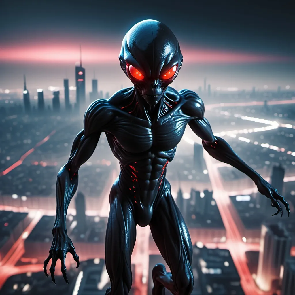 Prompt: Black alien with red eyes, flying over a city, full-body, cinematic render in a futuristic skyline at night