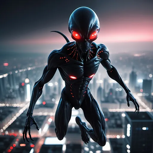 Prompt: Black alien with red eyes, flying over a city, full-body, cinematic render in a futuristic skyline at night