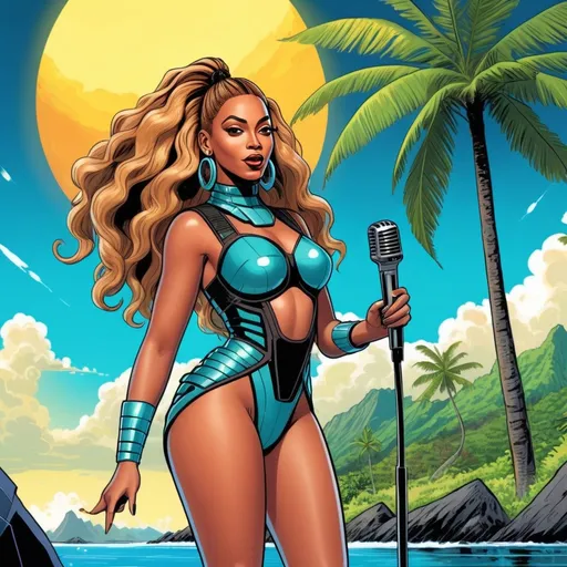 Prompt: A beautiful singer on a Fiji island, in style of Beyonce, in style of a 22nd century futuristic type comic, with black shade colors