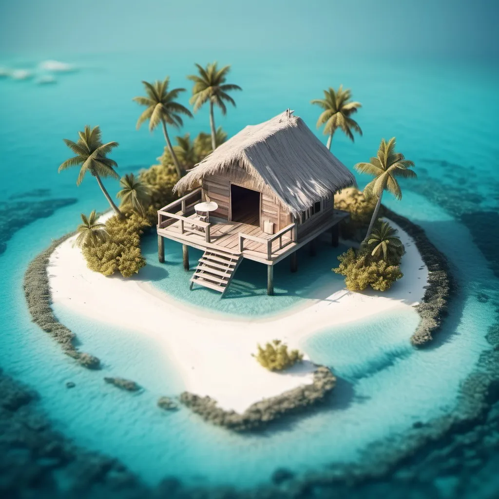 Prompt: miniature isometric world render, a hut surrounded by clear water, bahamas, island