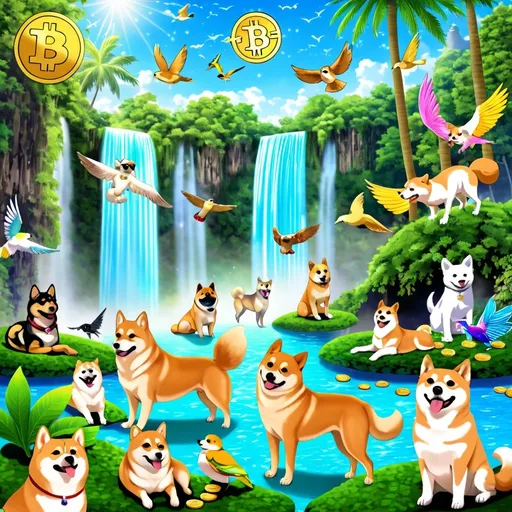 Prompt: Dogecoin dog in a hidden beautiful mystical realm with lush paradise waterfalls around the dog and holographic pixies and birds flying with each while the  different other crypto-named dog themed dogs such as Shiba Inu, dogwifhat etc. are in paradise with dogecoin dog as if it were real life and they are wearing shades while watching their coins sparkle from generation in a magical way