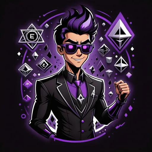 Prompt: A Danny phantom styled character but is black purple colored like the ethereum colors with wearing a business suit but is patterned with ethereum symbols and codes that chronologically connect with each other like a blockchain and in a circuit board pattern design with silver streaks and wearing shades while also the character signs a contract and ethereum coins sparkle from generation