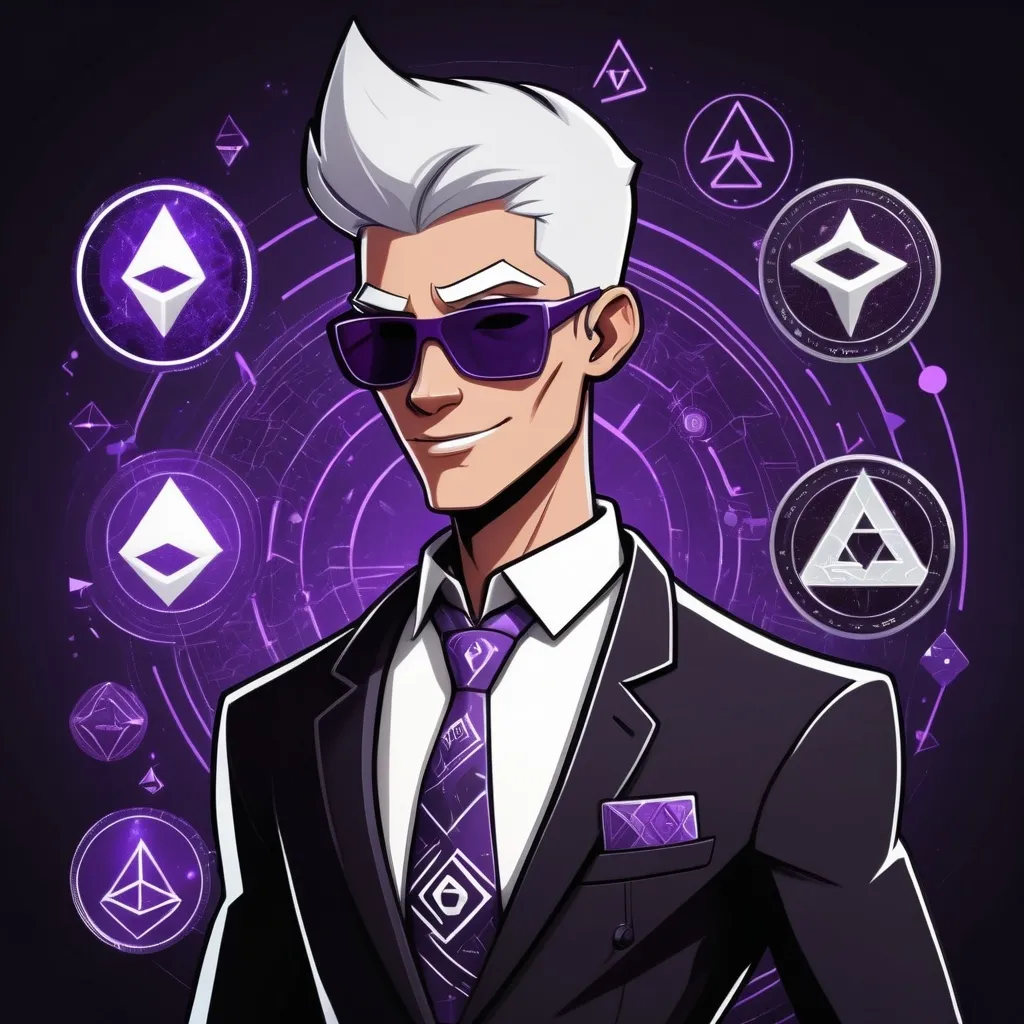 Prompt: A Danny phantom styled character but is black purple colored like the ethereum colors with wearing a business suit but is patterned with ethereum symbols and codes that chronologically connect with each other like a blockchain and in a circuit board pattern design with silver streaks and wearing shades while also the character signs a contract and ethereum coins sparkle from generation