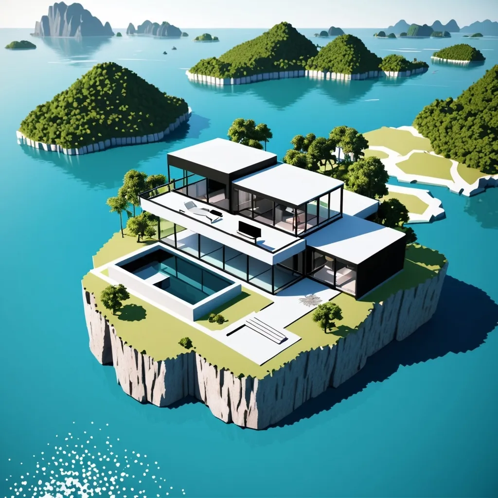 Prompt: miniature isometric world render, a modern minimalist metal styled home surrounded by clear water, thailand, island mountains