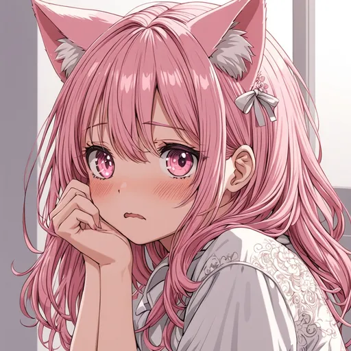 Prompt: anime, girl, detailed, pink hair, shy, cat ears, very detailed
