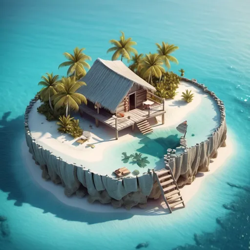 Prompt: miniature isometric world render, a hut surrounded by clear water, bahamas, island