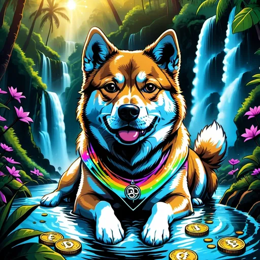 Prompt: Dogecoin dog in a hidden beautiful mystical realm with lush paradise waterfalls around the dog and holographic pixies and birds flying with each while the  different other crypto-named dog themed dogs such as Shiba Inu, dogwifhat etc. are in paradise with dogecoin dog as if it were real life and they are wearing shades while watching their coins sparkle from generation in a magical way