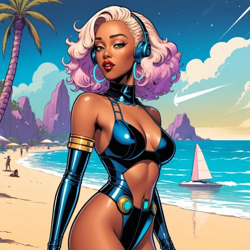 Prompt: A beautiful singer on a beach, in style of Doja Cat, in style of a 22nd century futuristic type comic, with black shade colors