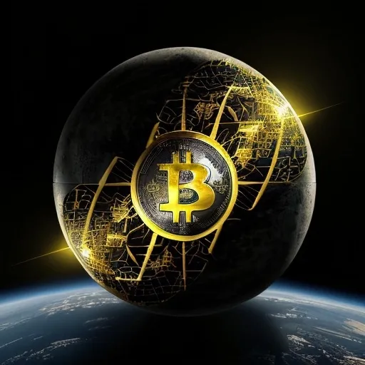 Prompt: A Bitcoin concrete building fortress styled with black shades and Bitcoin symbols colored in pure gold at different level locations on a planet in space with a electromagnetic field around