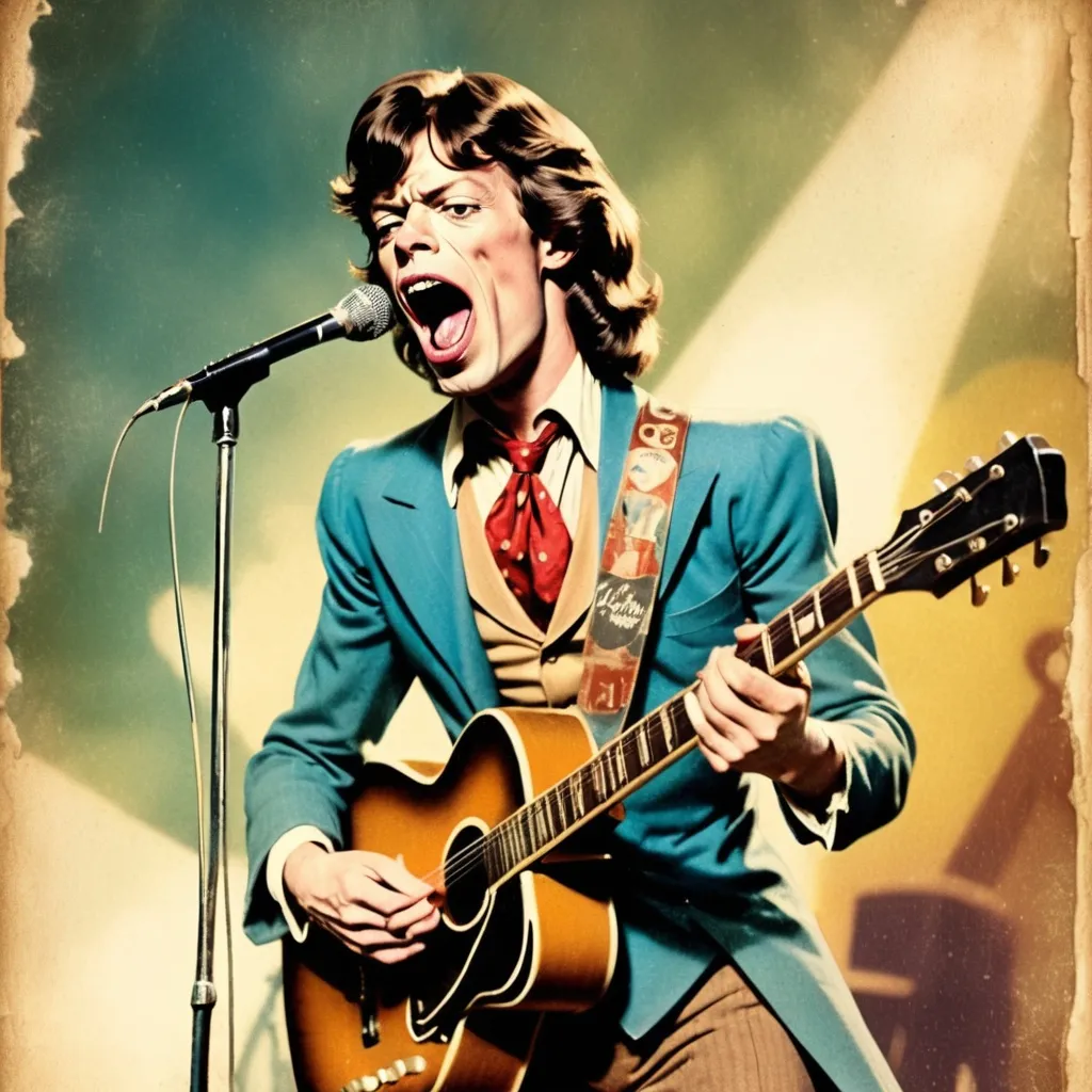 Prompt: A mad guitar singer on stage, in style of Mick Jagger, 1940s vintage comic, faded colors