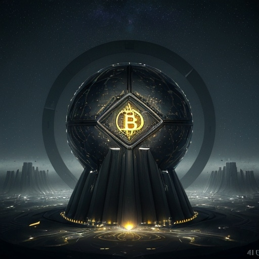 Prompt: Bitcoin concrete vault building fortress, (futuristic architecture), styled with black shades and Bitcoin symbols (pure gold), scattered at different levels, enveloped by a mysterious electromagnetic field, set on a celestial planet, (technological aura), (highly detailed), (intricate designs), serene yet powerful atmosphere, (4K ultra-detailed), vast starry space background, numerous distant galaxies shimmering in the darkness.