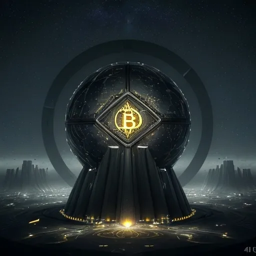 Prompt: Bitcoin concrete vault building fortress, (futuristic architecture), styled with black shades and Bitcoin symbols (pure gold), scattered at different levels, enveloped by a mysterious electromagnetic field, set on a celestial planet, (technological aura), (highly detailed), (intricate designs), serene yet powerful atmosphere, (4K ultra-detailed), vast starry space background, numerous distant galaxies shimmering in the darkness.