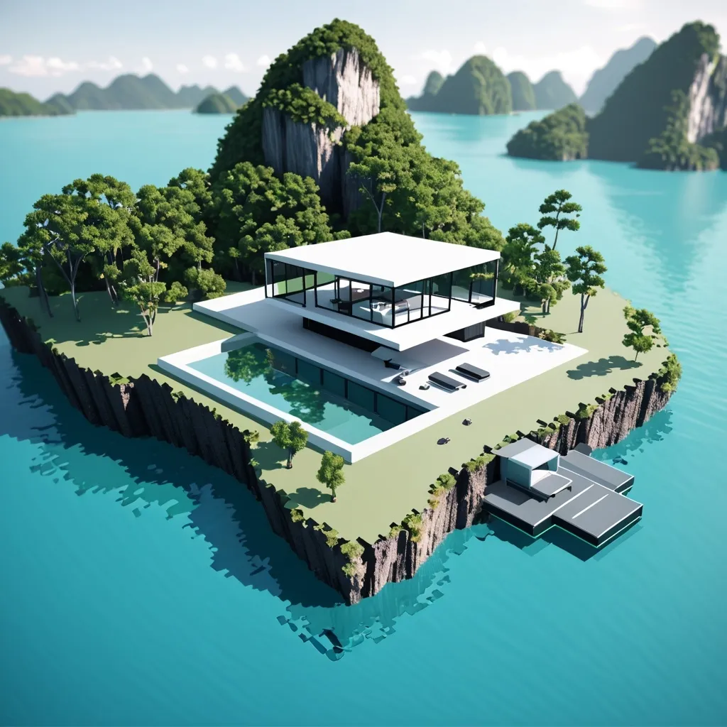 Prompt: miniature isometric world render, a modern minimalist metal styled home surrounded by clear water, thailand, island mountains