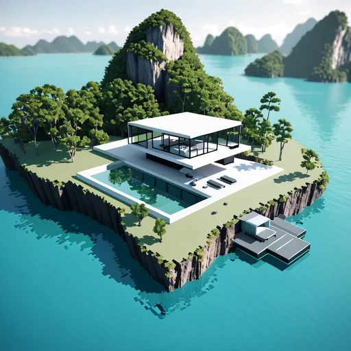 Prompt: miniature isometric world render, a modern minimalist metal styled home surrounded by clear water, thailand, island mountains