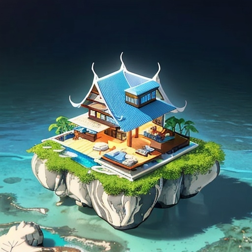 Prompt: miniature isometric world render, a modern minimalist metal styled home surrounded by clear water, thailand, island mountains