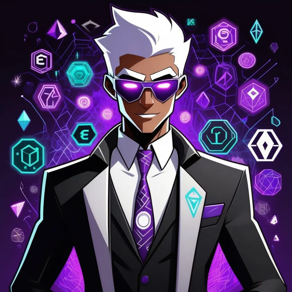 Prompt: A Danny phantom styled character but is black purple colored like the ethereum colors with wearing a business suit but is patterned with ethereum symbols and codes that chronologically connect with each other like a blockchain and in a circuit board pattern design with silver streaks and wearing shades while also the character signs a contract and ethereum coins sparkle from generation