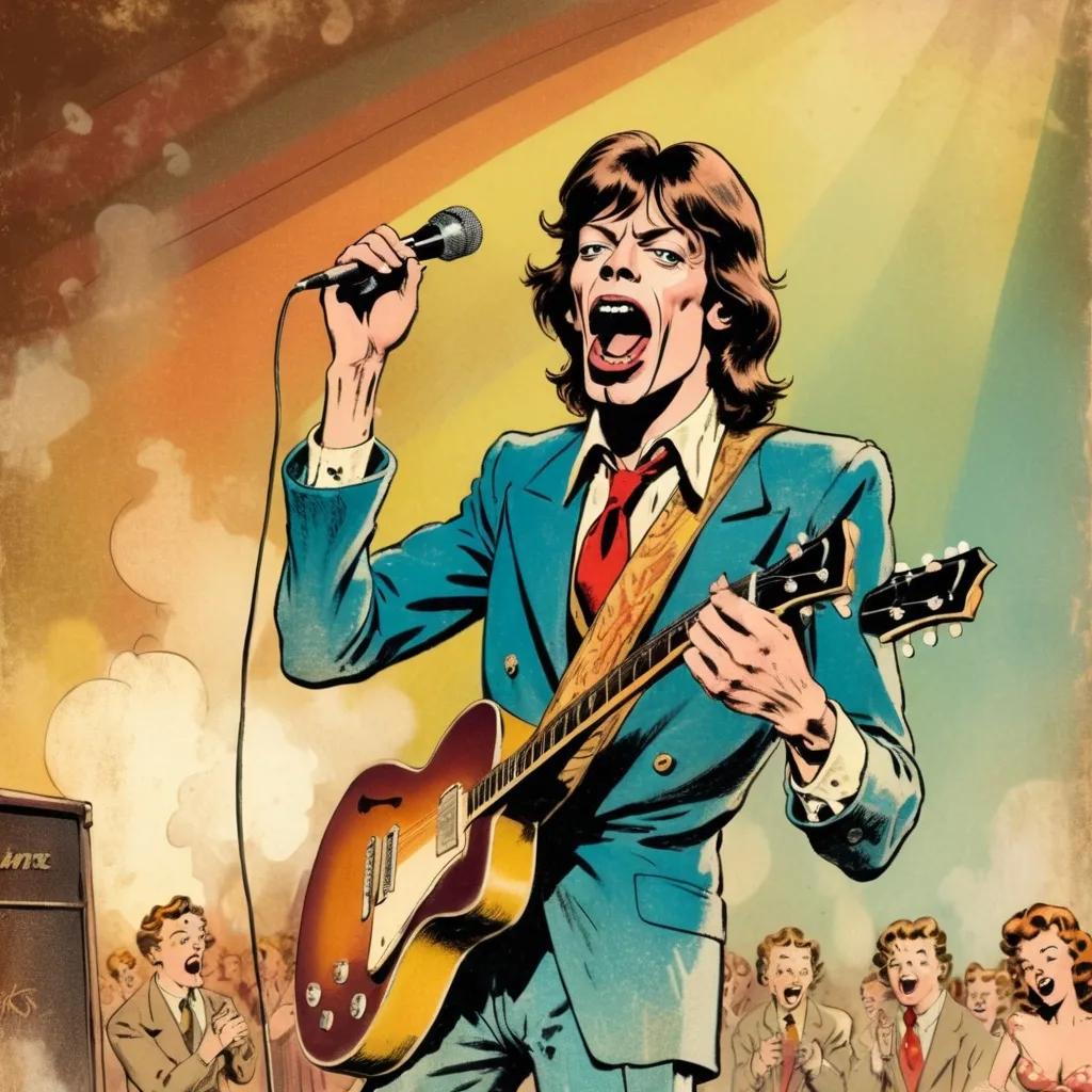 Prompt: A mad guitar singer on stage, in style of Mick Jagger, 1940s vintage comic, faded colors