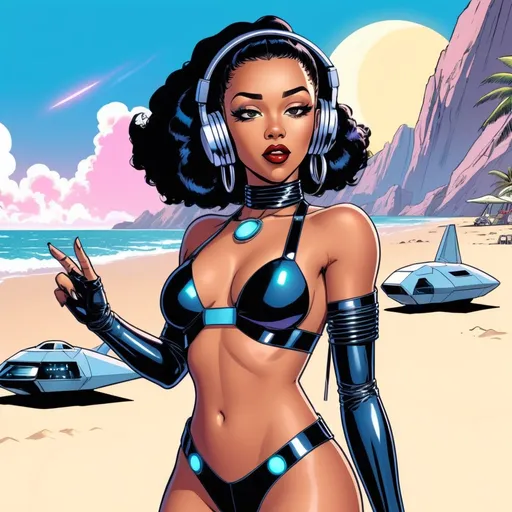 Prompt: A beautiful singer on a beach, in style of Doja Cat, in style of a 22nd century futuristic type comic, with black shade colors