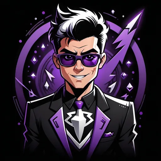 Prompt: A Danny phantom styled character but is black purple colored like the ethereum colors with wearing a business suit but is patterned with ethereum symbols and codes that chronologically connect with each other like a blockchain and in a circuit board pattern design with silver streaks and wearing shades while also the character signs a contract and ethereum coins sparkle from generation