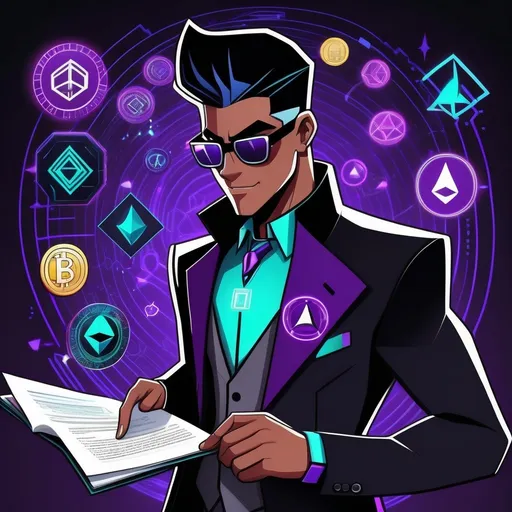 Prompt: A Danny phantom styled character but is black purple colored like the ethereum colors with wearing a business suit but is patterned with ethereum symbols and codes that chronologically connect with each other like a blockchain and in a circuit board pattern design with silver streaks and wearing shades while also the character signs a contract and ethereum coins sparkle from generation