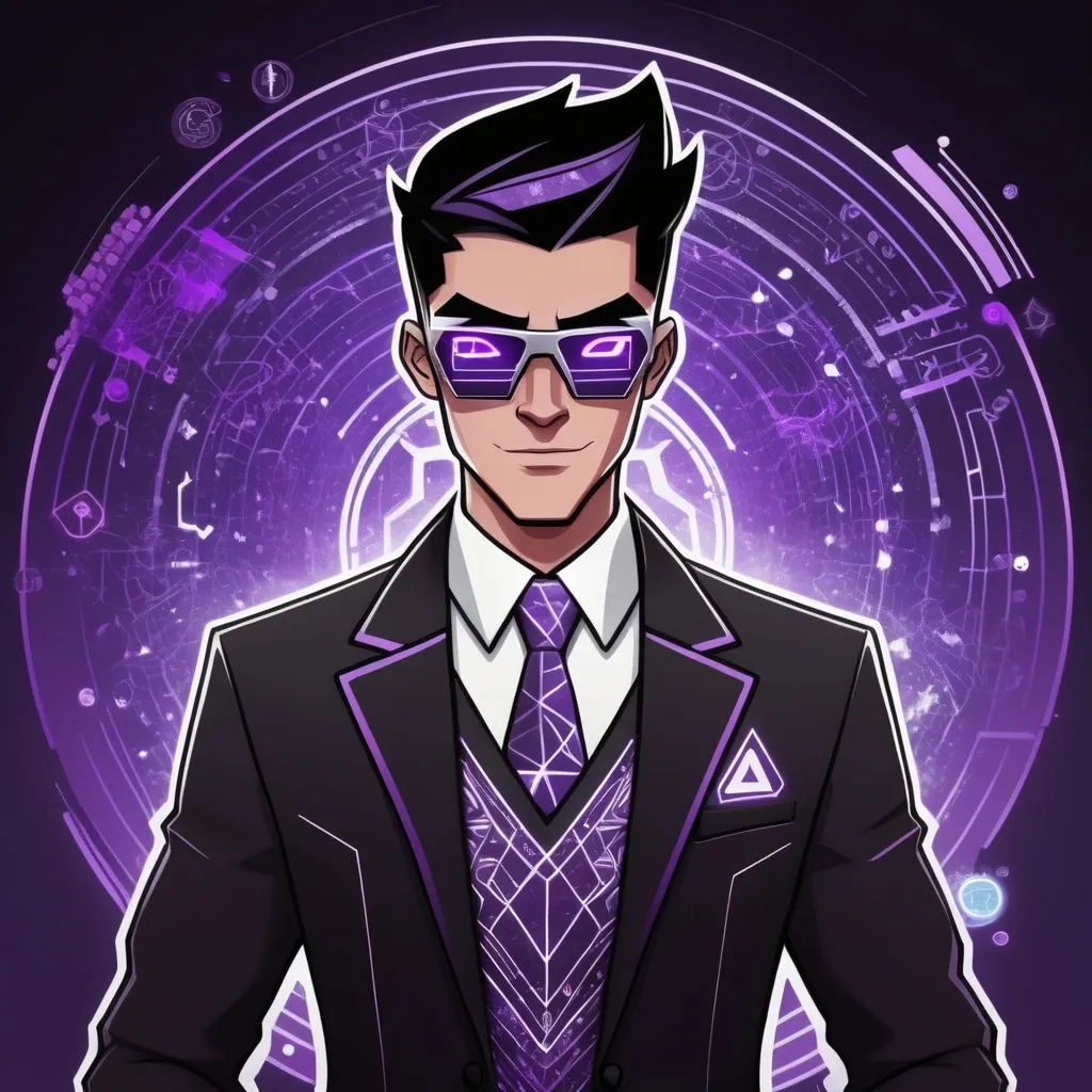 Prompt: A Danny phantom styled character but is black purple colored like the ethereum colors with wearing a business suit but is patterned with ethereum symbols and codes that chronologically connect with each other like a blockchain and in a circuit board pattern design with silver streaks and wearing shades while also the character signs a contract and ethereum coins sparkle from generation