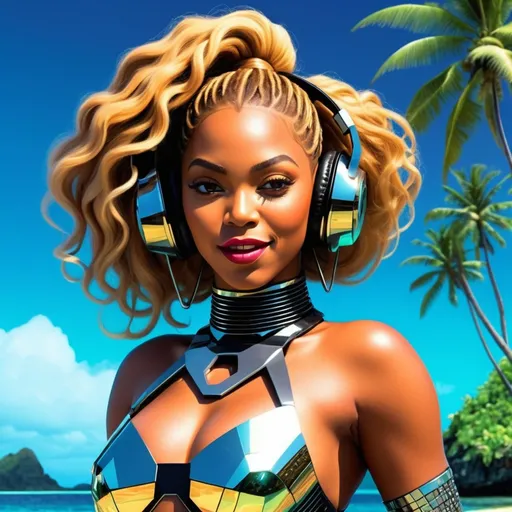 Prompt: A beautiful singer on a Fiji island, in style of Beyonce, in style of a 22nd century futuristic type comic, with black shade colors