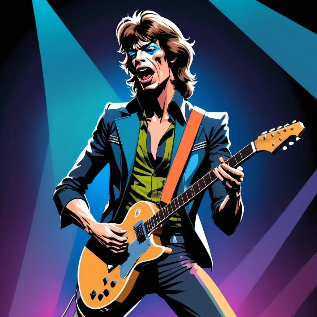 Prompt: A mad guitar singer on stage, in style of Mick Jagger, in style of year 2357 futuristic type comic, with black shade colors