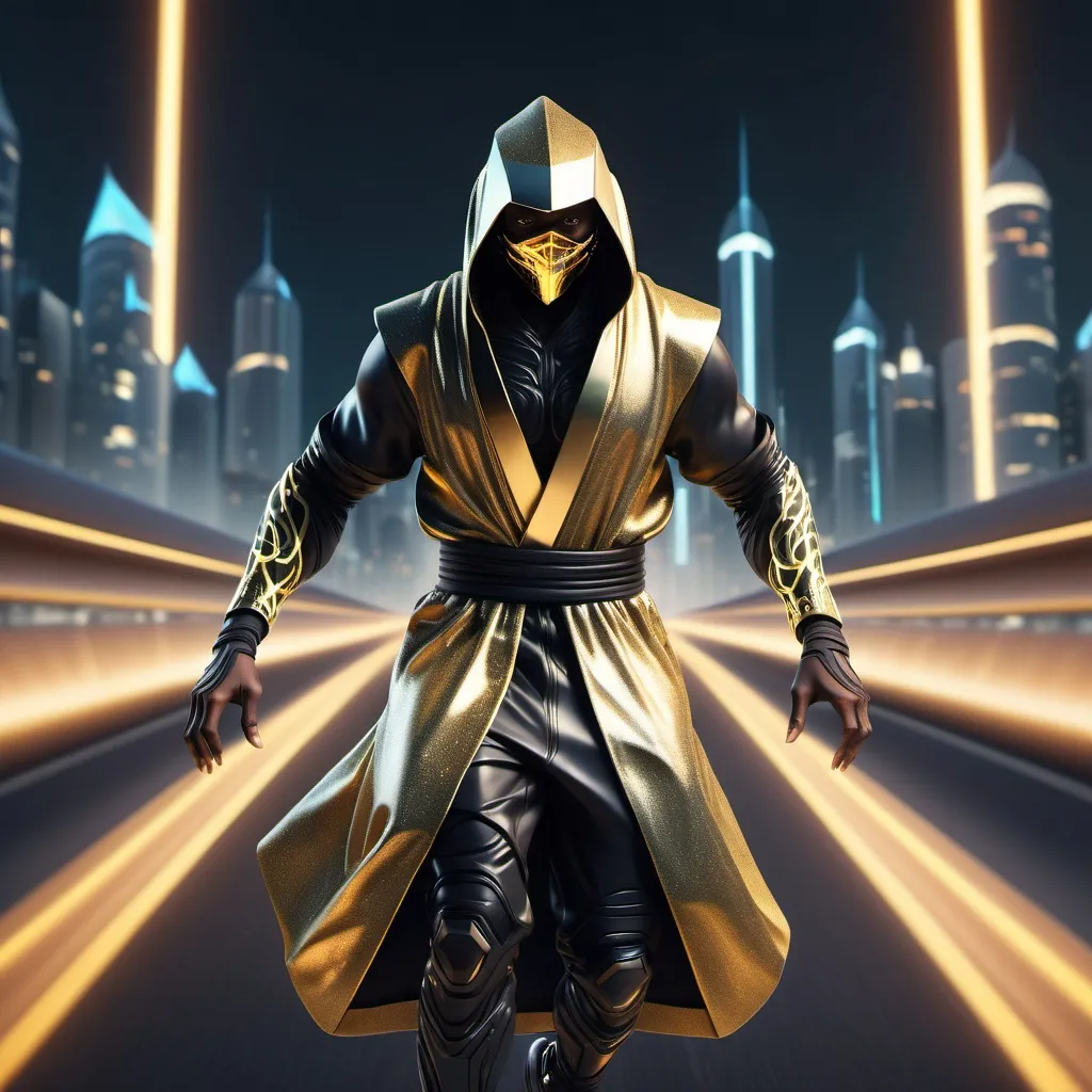 Prompt: Black futuristic ninja wizard with a gold holographic robe, driving in a city, full-body, cinematic render in a futuristic skyline at night