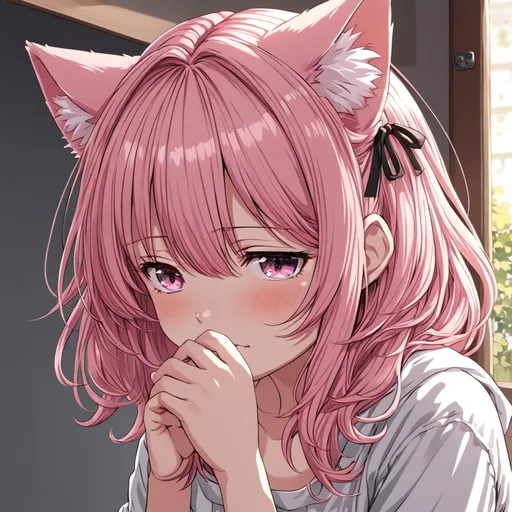 Prompt: anime, girl, detailed, pink hair, shy, cat ears, very detailed