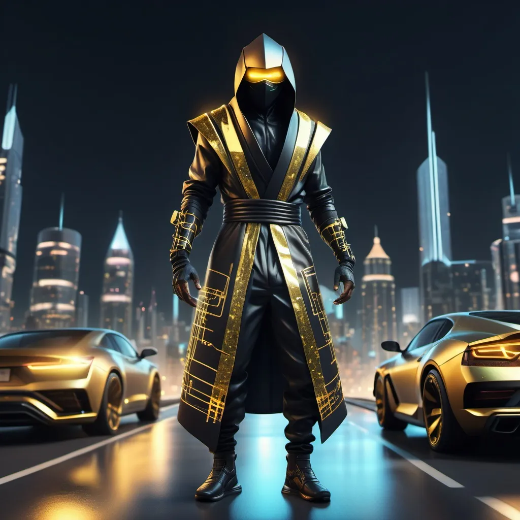 Prompt: Black futuristic ninja wizard with a gold holographic robe, driving in a city, full-body, cinematic render in a futuristic skyline at night