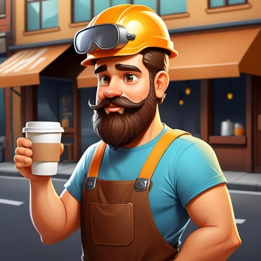 Prompt: A cartoon character with a beard, wearing a helmet, an engineer who works as a coffee seller on the street