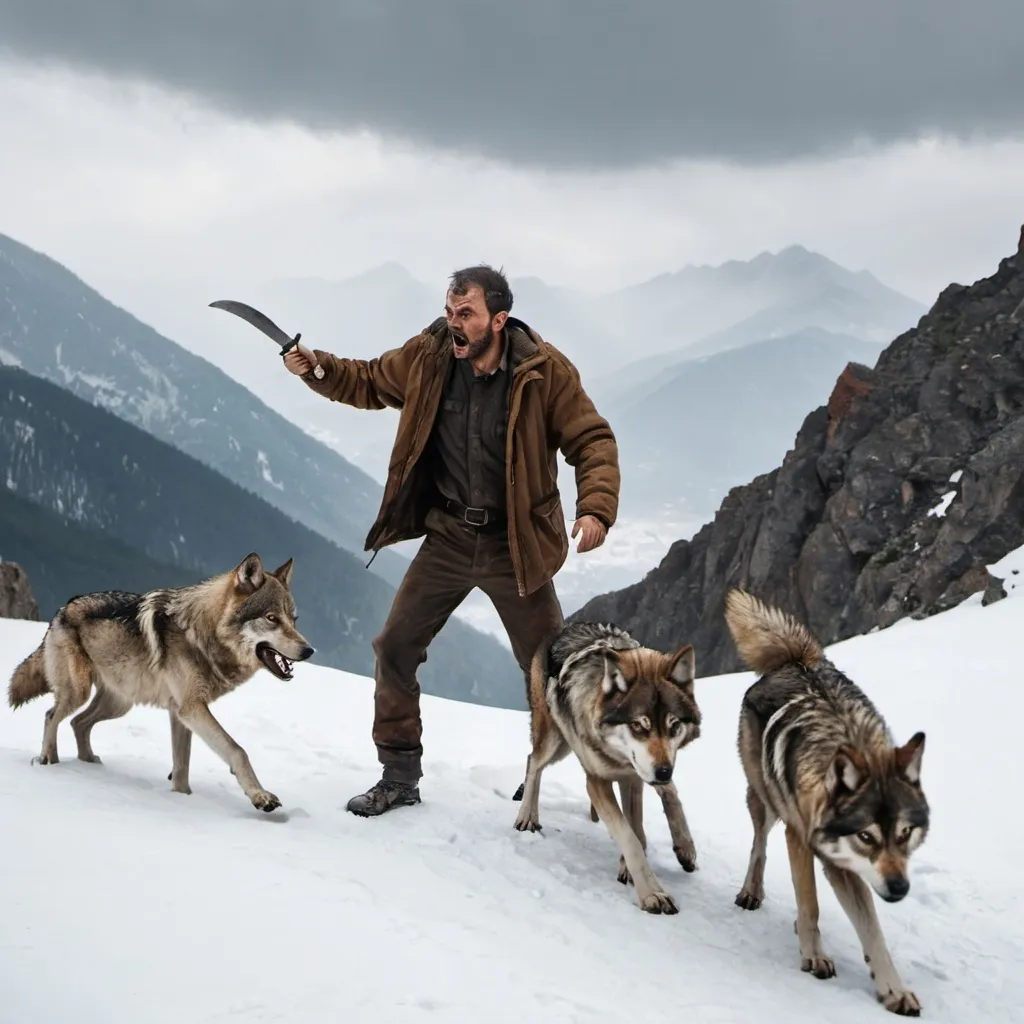 Prompt: A man in the mountains with a knife on his hand and fighting with wolves 
