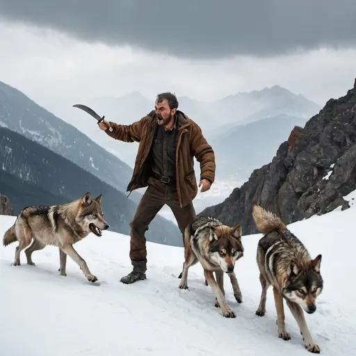 Prompt: A man in the mountains with a knife on his hand and fighting with wolves 
