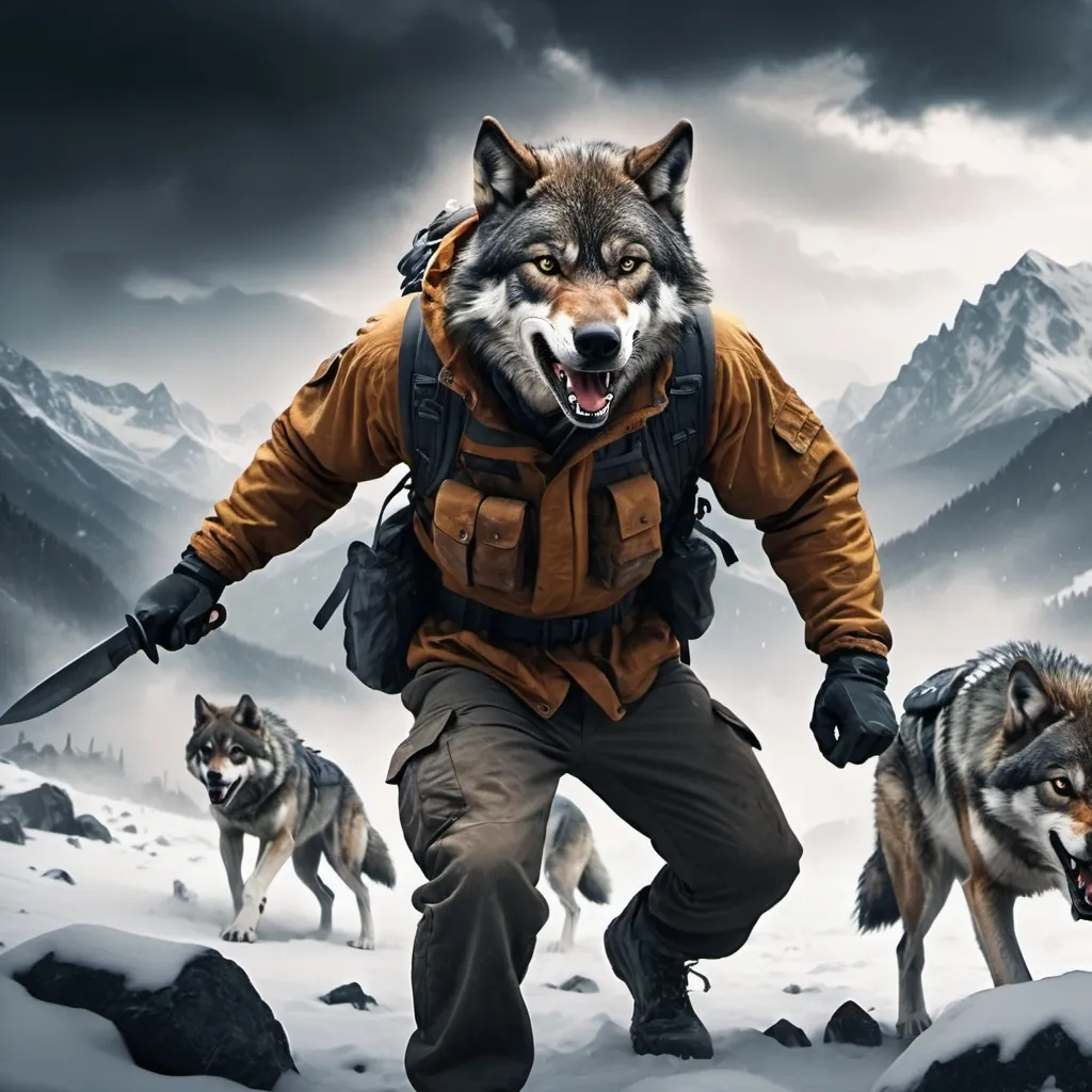 Prompt: A man in the mountains with a knife on his hand and fighting with wolves 
