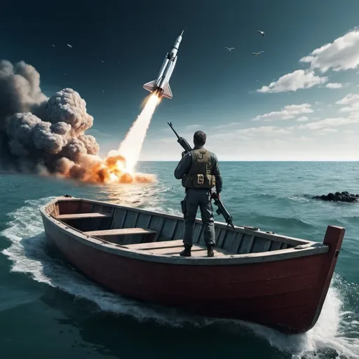 Prompt: A man with gun in the boat inside sea and a rocket came to him 