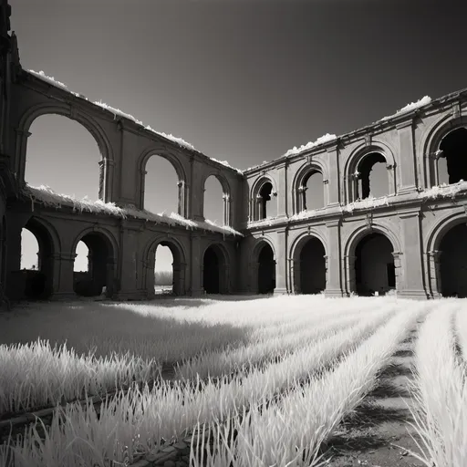 Prompt: Infrared photos ruins of buildings hasselblad 1600f, zeiss milvus 25mm f/1.4 ze., hasselblad h6d-400c