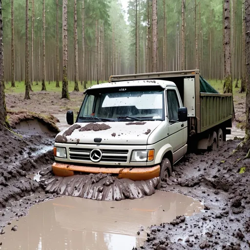 Prompt: A truck stucked in mud in a forest