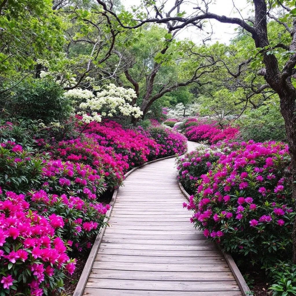 Prompt: a walking trail the rhododendron garden in Tamar Bay Botanical Garden
